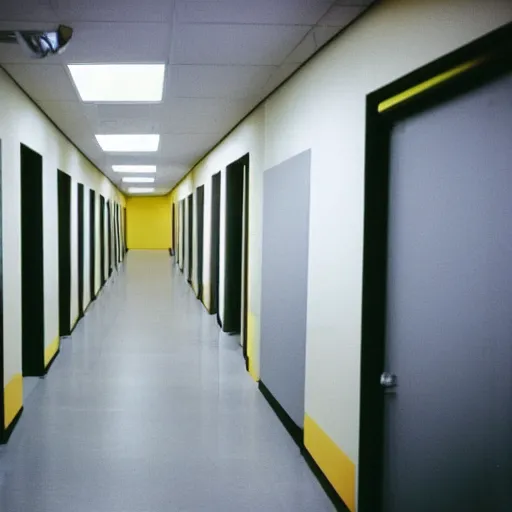 Prompt: the hallways of an empty yellow windowless office with yellow walls and yellow florescent lights, liminal space, disposable camera