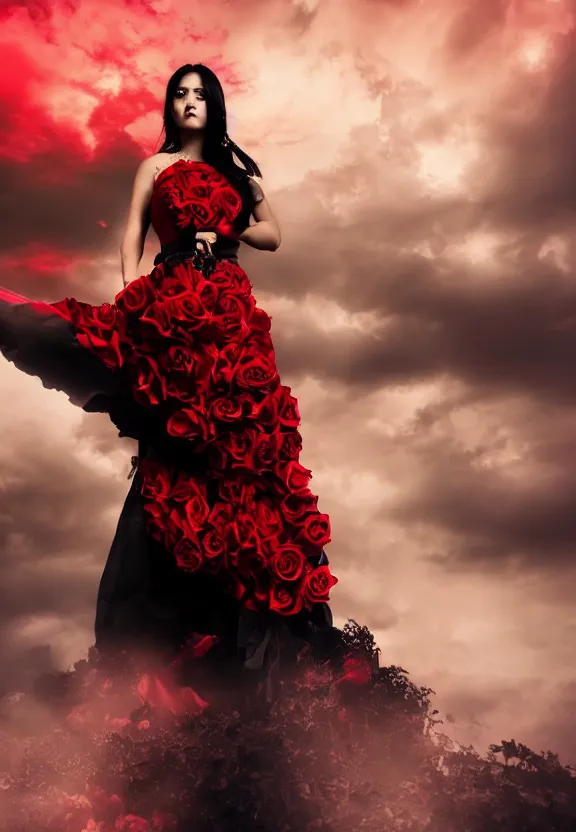 Image similar to a beautiful fierce black haired woman wearing red and black rose patterned dress wielding black blade posing heroically, heavenly moonlit clouds background, close up shot