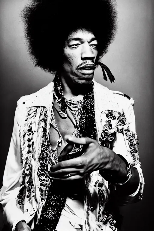 Image similar to photo of jimi hendrix styled by nick knight posing, showstudio, face close up, vogue magazine, 1 9 7 0, canon, highly realistic. high resolution. highly detailed. dramatic. 8 k. 4 k