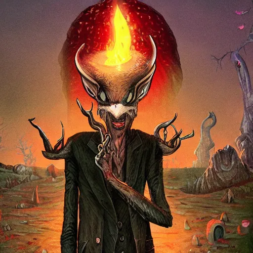 Image similar to 4 k headshot portrait of a psychedelic demonic anthropomorphic wendigo smoking a hand - rolled cigarette smoking heavily, magic mushroom village in background. award winning. superb resolution. in the art style of junji ito and greg rutkowski. detailed mushroom city in background. hyper realistic anime. perfect art. dalle 2