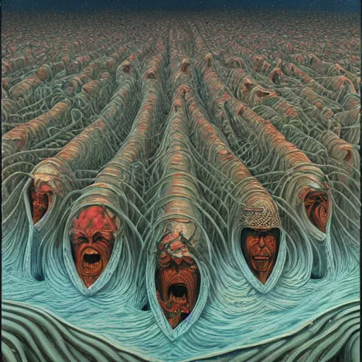 Prompt: sirens of the red sea by jacek yerka, alex gray, zdzisław beksiński, dariusz zawadzki, jeffrey smith and h.r. giger, oil on canvas, 8k highly professionally detailed, trending on artstation