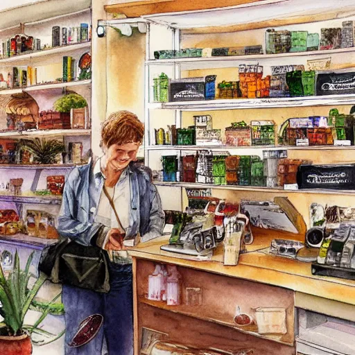 Image similar to bustling busy small shop shelves neat cannabis samples interior design, aussie, environment portrait watercolor drawing by steve hanks, australia tv still render by pixar