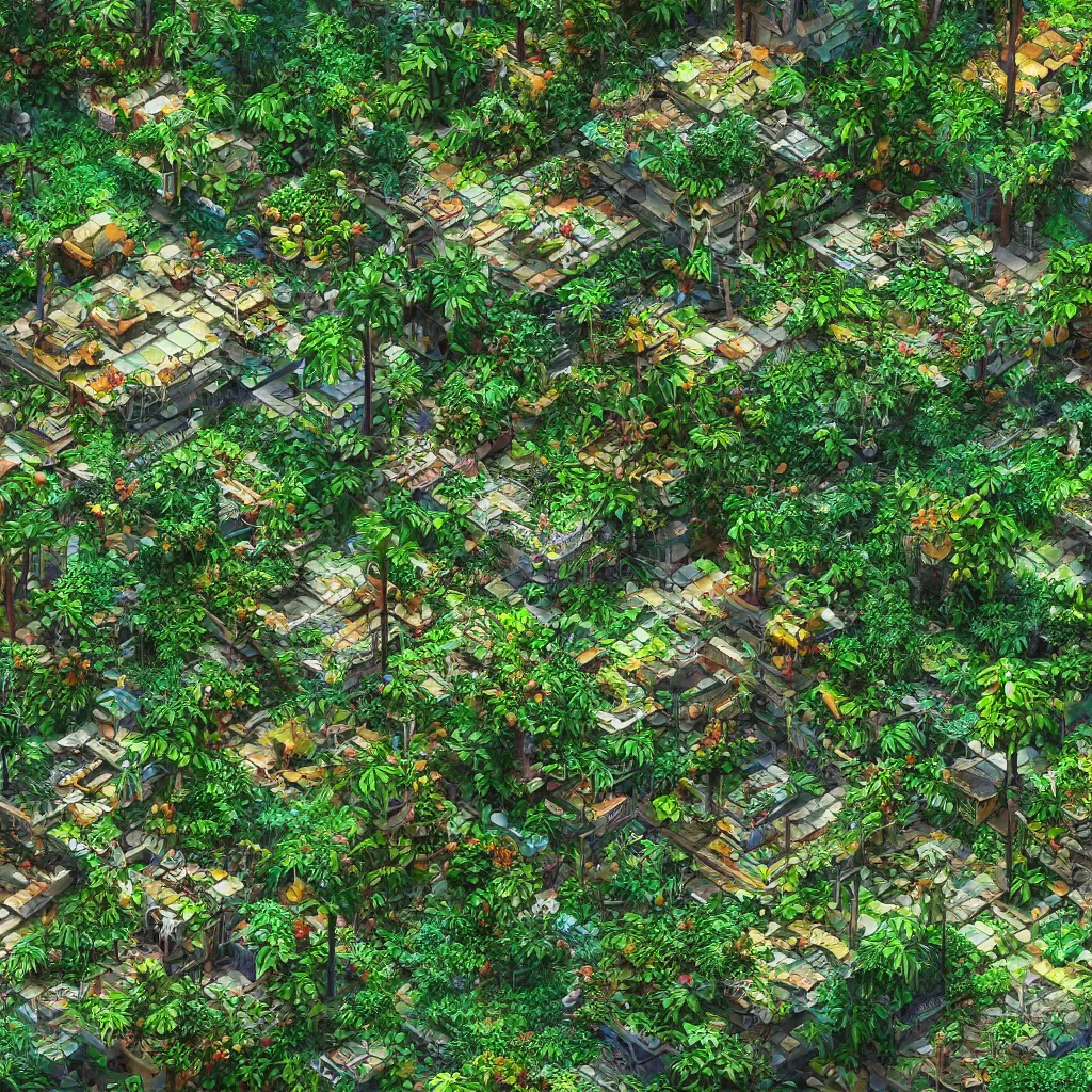 Image similar to Isometric photorealistic render of a solarpunk jungle, 4K PBS rendering