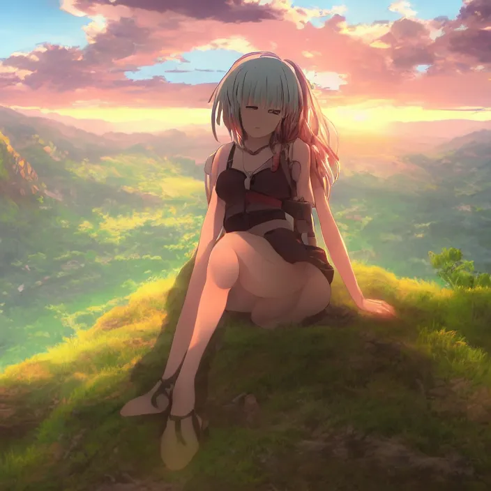 Prompt: Anime Girl Sitting on Edge of Cliff at a Green Valley at Sunset, Golden Hour! Trending on Artstation, Pixiv, Deviant Art!