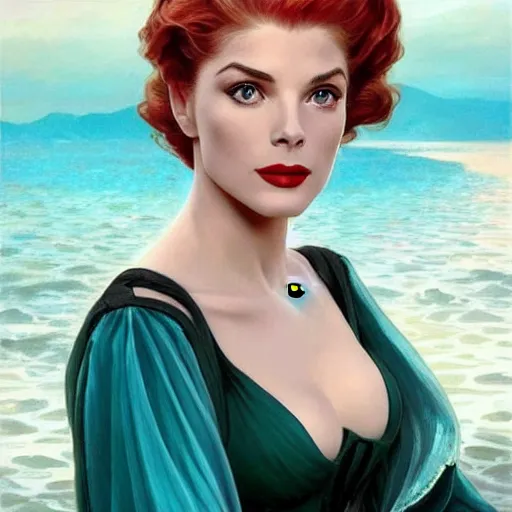 Image similar to A combination of Grace Kelly's and Katheryn Winnick's and Ashley Greene's faces with red hair as Aqua Man, full body shot, western, fantasy, intricate, elegant, highly detailed, digital painting, artstation, concept art, matte, sharp focus, illustration, art by Artgerm and Greg Rutkowski and Alphonse Mucha