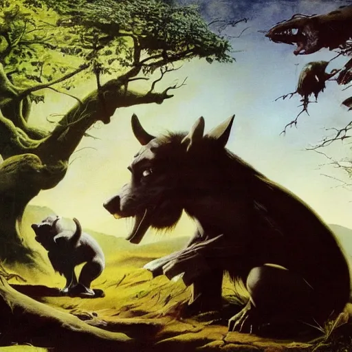 Prompt: eternal friendship and rest of the animals of the forest by Frank Frazetta, 8k resolution