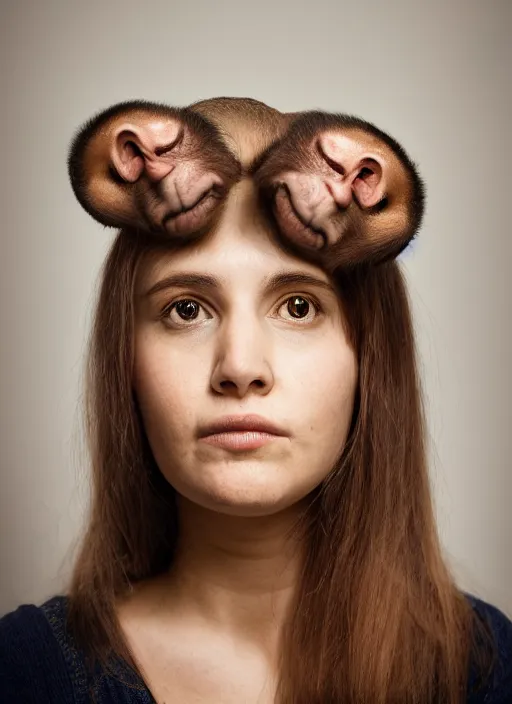 Prompt: portrait of a 2 3 year old woman, symmetrical face, a monkey on her head, she has the beautiful calm face of her mother, slightly smiling, ambient light