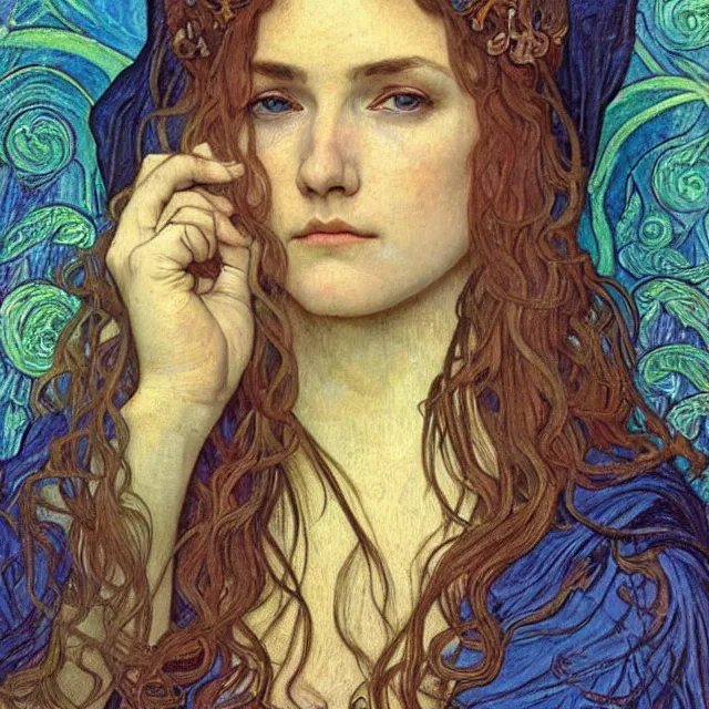 Image similar to detailed realistic beautiful young medieval queen face portrait by jean delville, alphonse mucha, vincent van gogh, and marco mazzoni, art nouveau, symbolist, visionary, gothic, pre - raphaelite