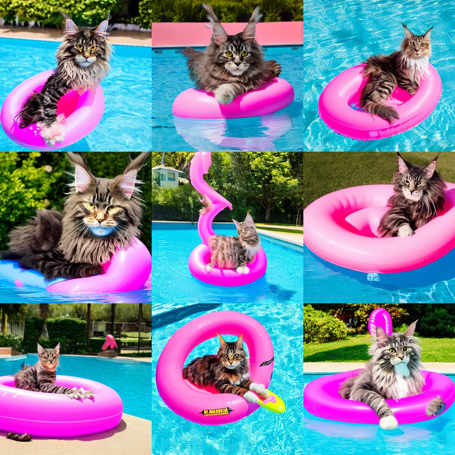 Prompt: Maine Coon cat on pink inflatable flamingo in a pool