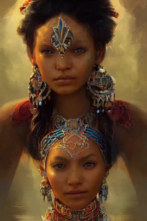 Image similar to aztec princess, gorgeous, close - up portrait, intricate, elegant, volumetric lighting, scenery, digital painting, highly detailed, artstation, sharp focus, illustration, concept art, ruan jia, steve mccurry