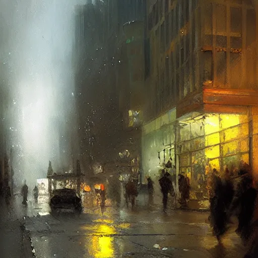 Image similar to detailed street scene, volumetric lighting, painting by jeremy mann