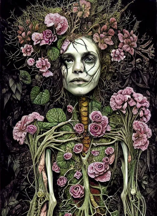 Image similar to beautiful and detailed rotten woman corpse with fractal plants and many different types of flowers growing around, muscles, veins, arteries, intricate, organs, ornate, surreal, john constable, guy denning, dan hillier