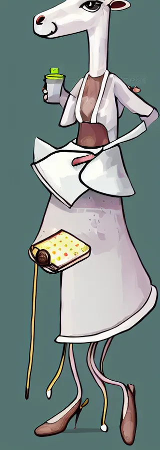 Image similar to beautiful female sheep anthropomorphic working as a waitress, digital art, cartoon, hyper detailed