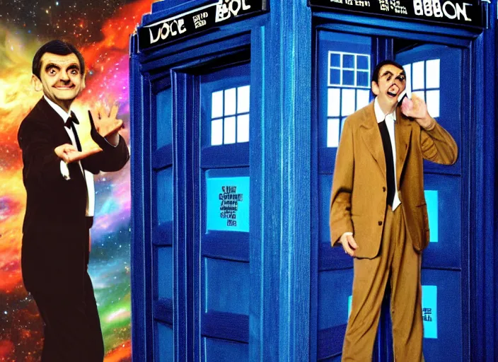 Image similar to product photo still of vhs cover of mr bean as doctor who in front of a nebula through the open door of the tardis on a vhs box