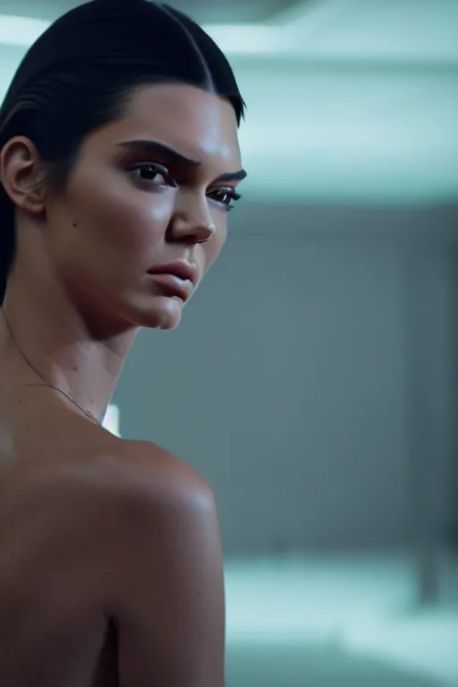 Image similar to film still of Kendall Jenner in the new Denis Villeneuve film, xenomorph holding Kendall again the wall, close shot, Kendall unconscious, cinematic lighting, 4k.