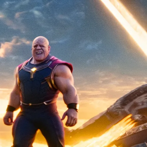 Image similar to a screenshot of Danny Devito playing Thanos in Avengers Endgame