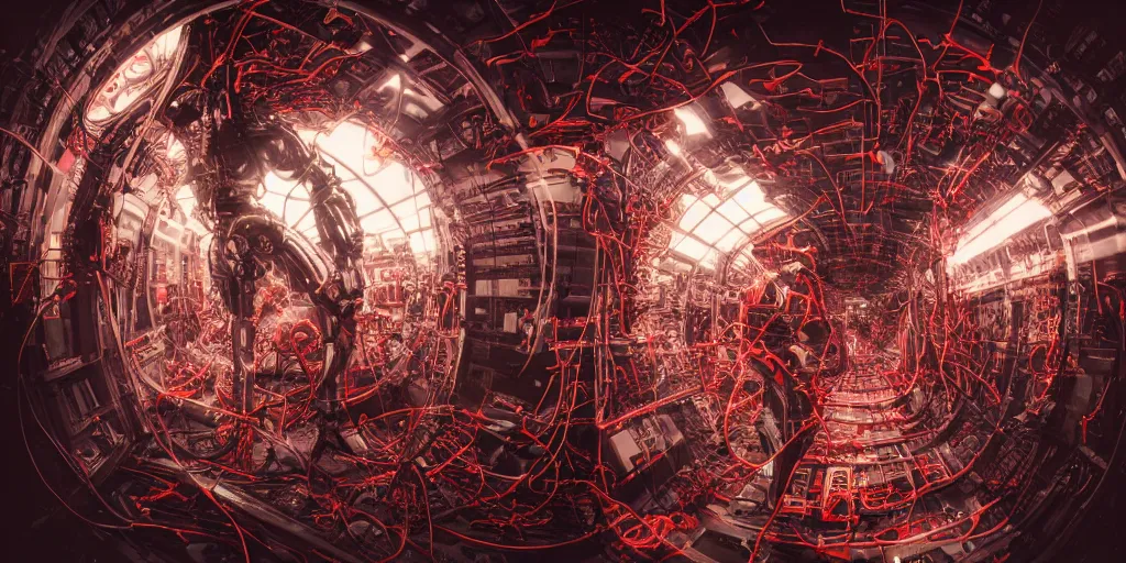 Image similar to cyborg in the data center, wired to the equipmen, red biomechanical details, wearing epic bionic cyborg implants, inflateble shapes, masterpiece, intricate, biopunk, highly detailed, artstation, concept art, cottage core, cinematic focus, polaroid photo, bleached, vintage, high - key lighting, soft lights, foggy, by tarkovsky, 8 k