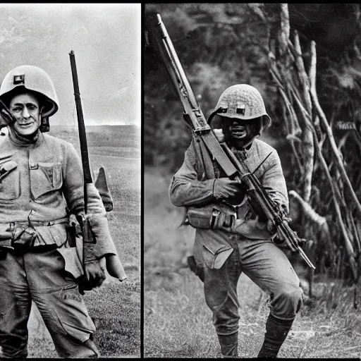 Prompt: old restored photos from the world war, kangaroos and spiders wearing helmets and rifle's, war, battle, realistic