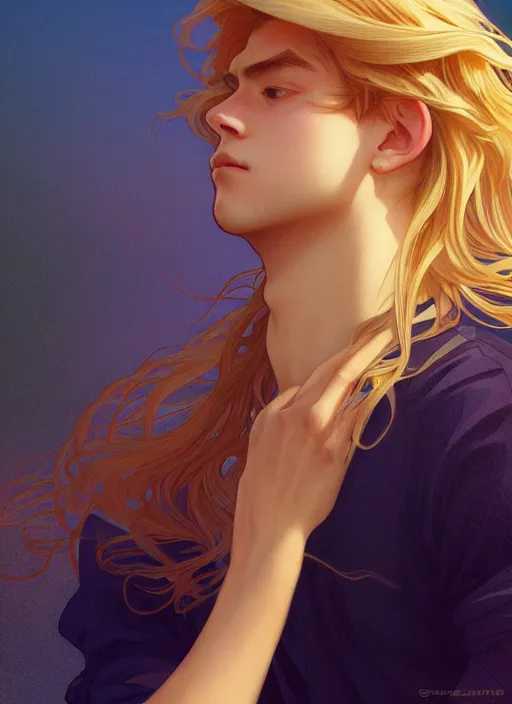 Image similar to pretty young man with shoulder length shiny shimmering golden blond hair, path traced, highly detailed, high quality, digital painting, by studio ghibli and alphonse mucha, leesha hannigan, wenjun lin, disney