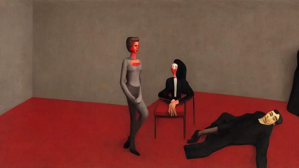Prompt: Dale Cooper and Laura Palmer in The Red Room of Twin Peaks painted by Giorgio de Chirico and Zdzisław Beksiński, oil painting