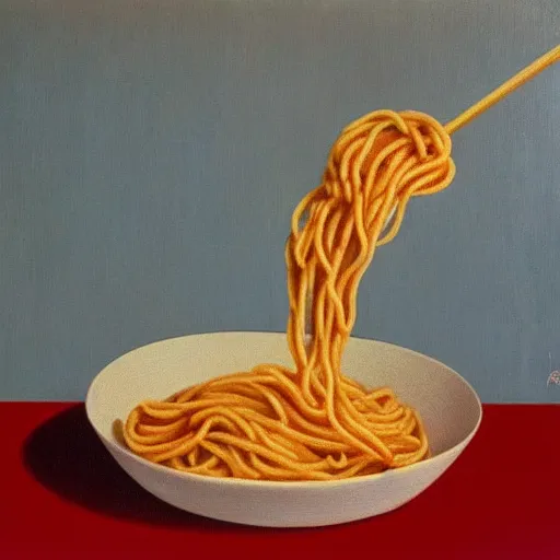 Image similar to painting of spaghetti by rene magritte, hd, 4 k, detailed, award winning