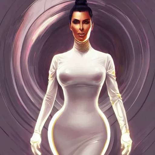 Image similar to Kim Kardashian in futuristic Japanese maid outfit, expressive pose, intricate, elegant, highly detailed, digital painting, artstation, concept art, smooth, sharp focus, illustration, art by artgerm and greg rutkowski and alphonse mucha