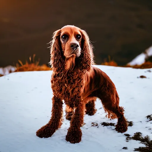 Prompt: a Light brown english cocker spaniel on a snowy mountain, photo realistic, well detailed, with a sunset
