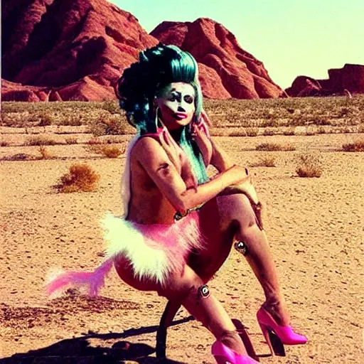 Image similar to drag queen pink paradise in desert, polaroid photo, perfect photo, photo pinterest