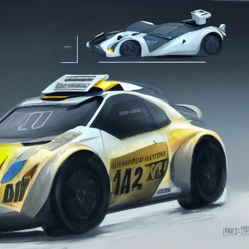 Prompt: redesigned rally car as new, elegant, digital painting, concept art, smooth, sharp focus, art style from Wang Ke and Greg Rutkowski and Bruce Kaiser and Scott Robertson and Dmitry Mazurkevich and Doruk Erdem and Jon Sibal, small style cue from Blade Runner and Minority Report and iRobots