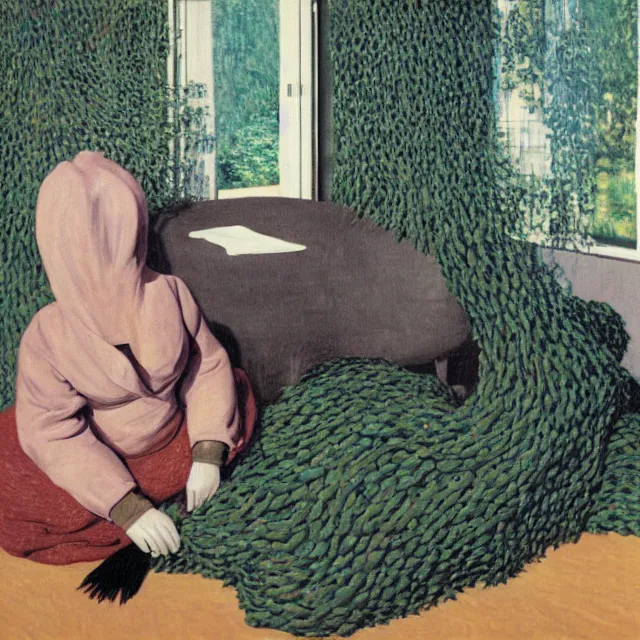 Image similar to a pathology student in her apartment, wrapped in vines, large stones, pig, black walls, ikebana, black armchair, puddles, moss, acrylic on canvas, surrealist, by magritte and monet