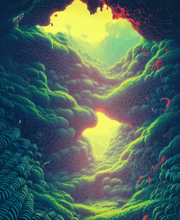 Image similar to simplicity, an simple structure made out of exotic fungus, overgrown with lush floral jungle, milky way, hellscape, hell, fire, brimstone, lava, by dan mumford, yusuke murata, makoto shinkai, ross tran, cinematic, unreal engine, cel shaded, featured on artstation, pixiv