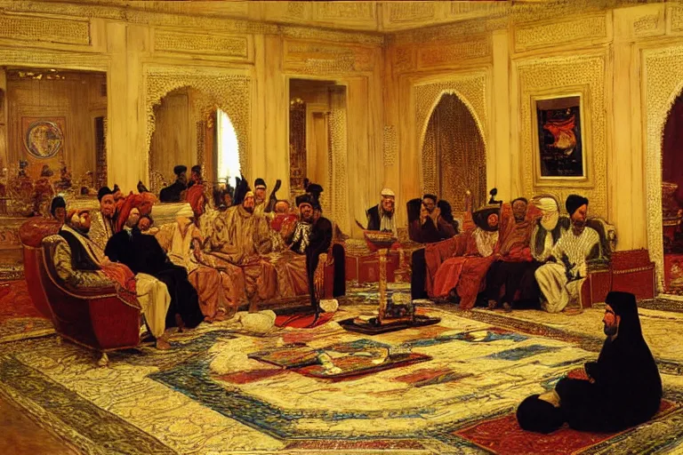 Prompt: The Sultan Entertains his Guests in an Opulent Arabian Salon, art by Rudolf Ernst and Osman Hamdy Bey and Jean-Léon Gérôme