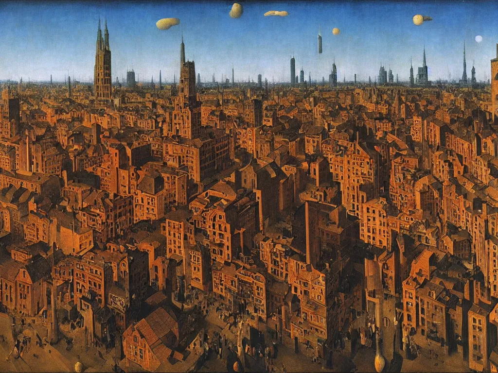 Image similar to The periphery, Communist neighborhood in the afternoon. Painting by Jan van Eyck, Rene Magritte, Jean Delville, Max Ernst, Beksinski