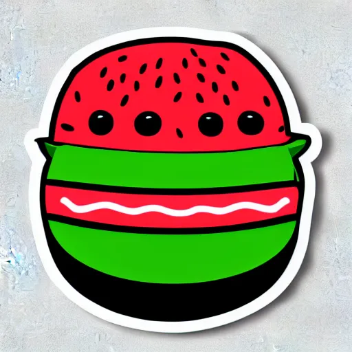 Image similar to svg sticker, centered, round-cropped, white-space-surrounding, Watermelon listening to headphones, flat colors, vector art