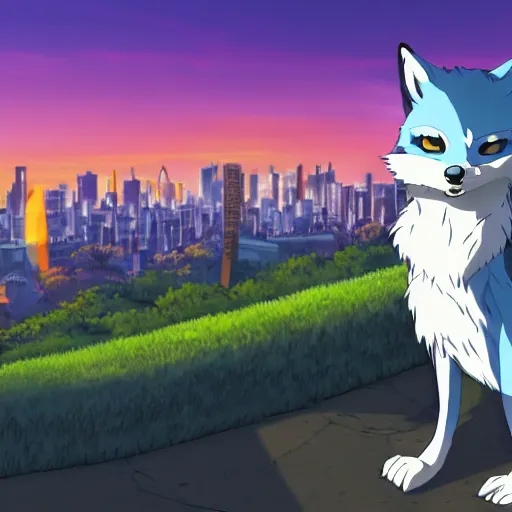 Image similar to key anime visual portrait of a blue anthropomorphic fox furry fursona wearing a bright hoodie, city park in the background at sunset, modern animation still, 4 k