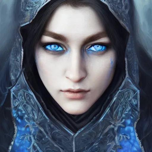 Image similar to beautiful female wizard, detailed face, blue eyes, black clothing, daughter of death, featured on artstation, 8k highly detailed, intricate oil painting, concept art