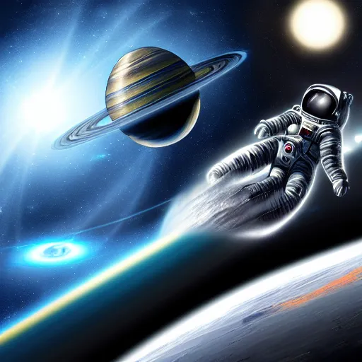 Image similar to beautiful digital art of an astronaut floating outside of a large cruiser spaceship with fine greeble detail in space in a armored black space suit, planets and a black hole visible in the background