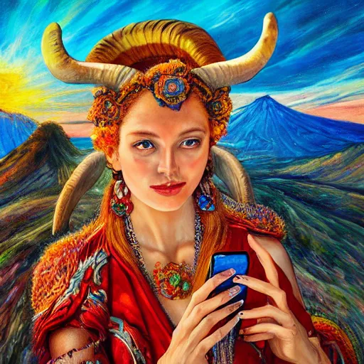 Image similar to acrylic on canvas painting by senior concept artist josephine wall, horned ram goddess checking her cell phone, erupting volcano and sunset in distance, flowers in foreground, trending on artstation, intricately detailed, highly detailed, high resolution, hdr, 8 k