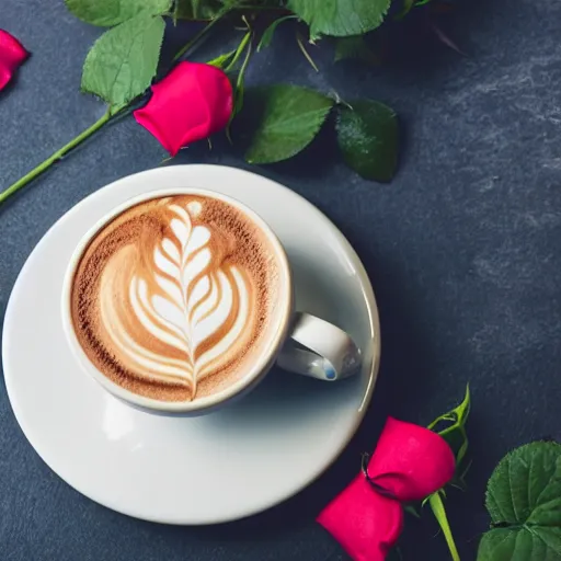 Prompt: photograph of a latte with a rose latte art, high quality, food, contrast