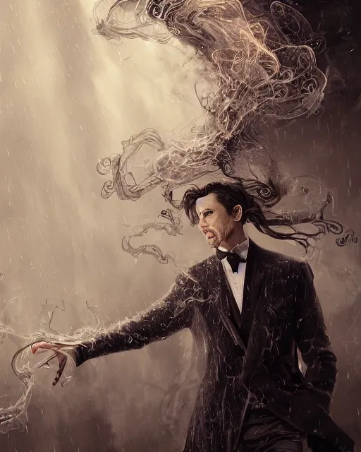 Image similar to a highly detailed portrait of devious male magician radiating a powerful energy aura, ornate back tuxedo, wispy tendrils of smoke, intricate, digital painting, old english, raining, sepia, particles floating, whimsical background by marc simonetti, artwork by liam wong