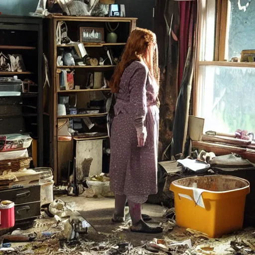 Prompt: a woman with adhd - ip stands in her messy house. folk horror. detailed.