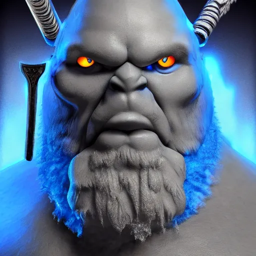 Image similar to a digital art portrait of blue ice golem ogre barbarian with long sword, dnd goliath character concept, 4 k, ultra detail, volumetric lighting, unreal engine, octane render