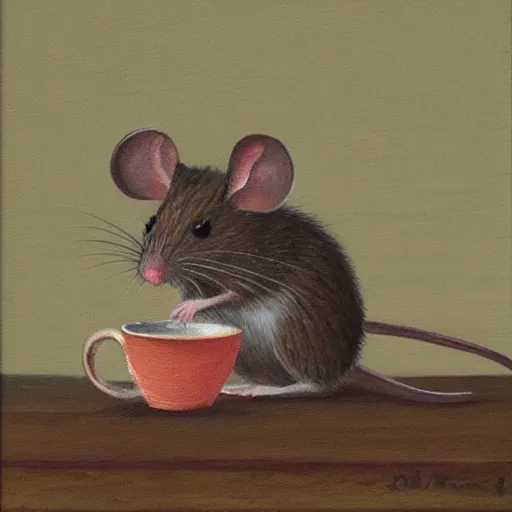 Prompt: A mouse cozied up for the evening sipping tea, oil painting