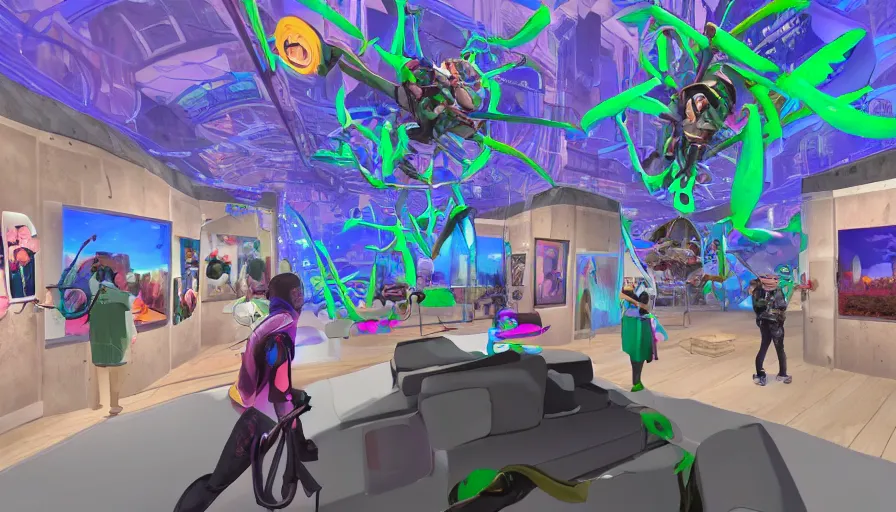 Image similar to POV Vrchat video game about exploring a innovative creative culture museum art gallery exhibit of immersive digital interactive Gucci mini futuristic eco city installations,