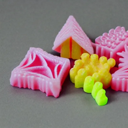 Prompt: delicious 3d printed candy sugars making fractal patterns out of printed sugar