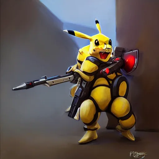 Image similar to greg manchess portrait painting of partially armored pikachu as overwatch character, medium shot, asymmetrical, profile picture, organic painting, sunny day, matte painting, bold shapes, hard edges, street art, trending on artstation, by huang guangjian, gil elvgren, ruan jia, greg rutkowski, gaston bussiere