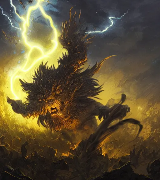 Prompt: a wizard summoning lightning from the sky, glowing yellow eyes, intricate, highly detailed, artstation, concept art, perfect composition, dynamic lighting, illustration, volumetric lighting, illustration, sharp focus, art by ralph horsley and greg rutkowski