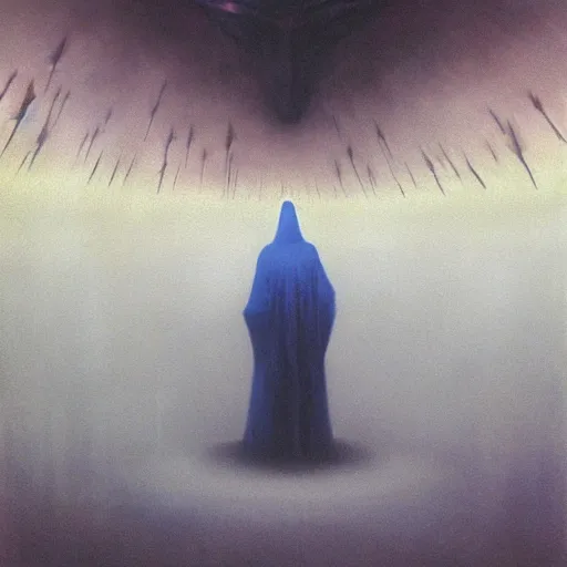 Prompt: blue robes wizard with big pointy hat emitting glowing beam spells in an abyssal dark void, fighting against creatures, surrounded by crowd of terrible demonic monsters, painting by zdislaw beksinski, 8k, fantasy art, detailed, epic