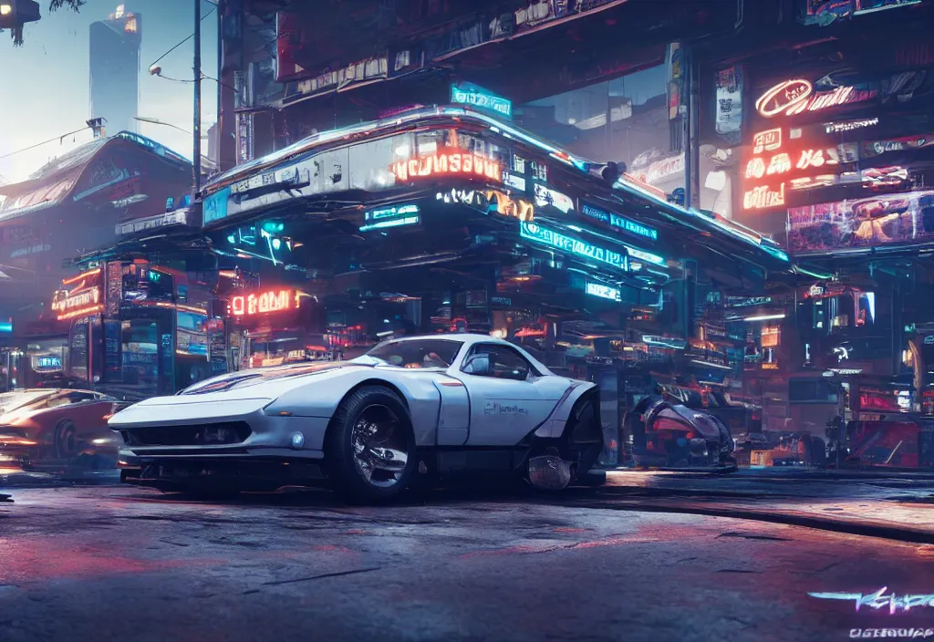 Prompt: screenshot of a car in cyberpunk 2077, 4k render, detailed, unreal engine