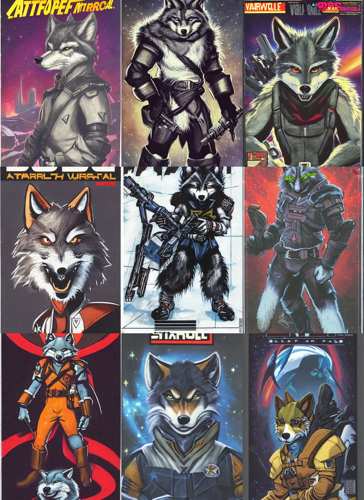 Image similar to 1 9 8 0 s video game art portrait of anthropomorphic wolf o'donnell from starfox fursona furry wolf in a dark space mercenary uniform, looking heroic, magazine scan, 8 0 s game box art, dark grey wolf o'donnell